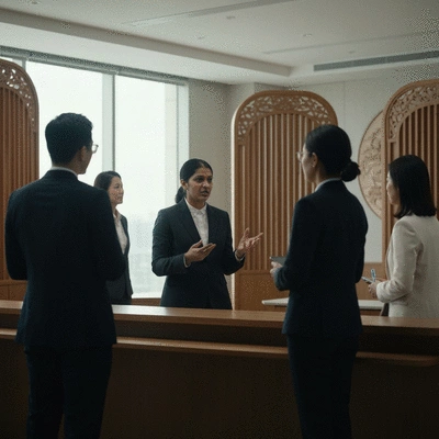 Professional discussing ethical AI governance in a modern office with subtle Chinese architectural elements