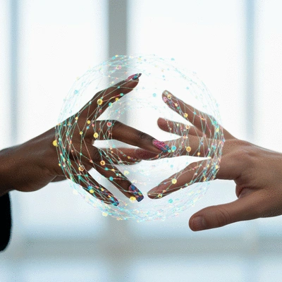 Two diverse hands, one representing Eastern culture and the other Western, gently touching over a holographic projection of interconnected AI ethical principles, symbolizing collaboration and mutual understanding, no text, no words, no typography, clean image