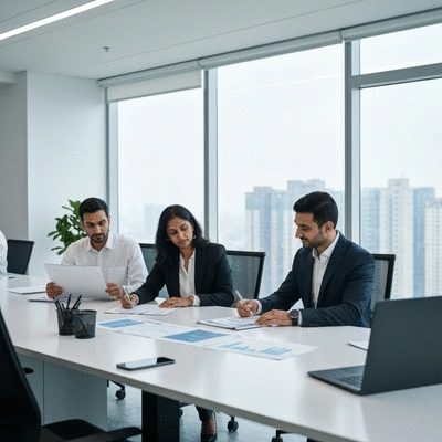 Modern office setting with diverse professionals collaborating on AI compliance documents, reflecting international business in China
