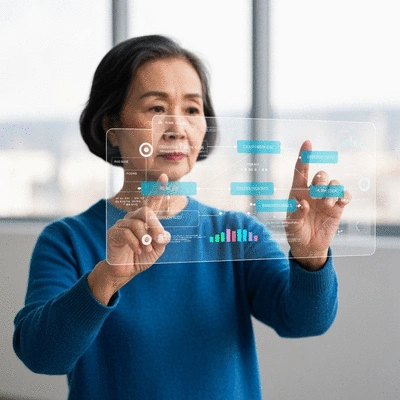 Person interacting with a transparent AI interface showing data flow and decision logic, no text, no words, no typography, clean image