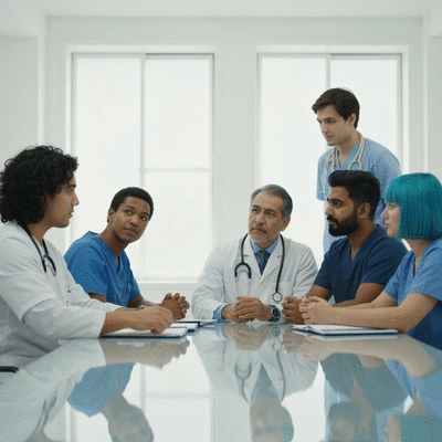 Healthcare professionals collaborating on AI development with ethical considerations