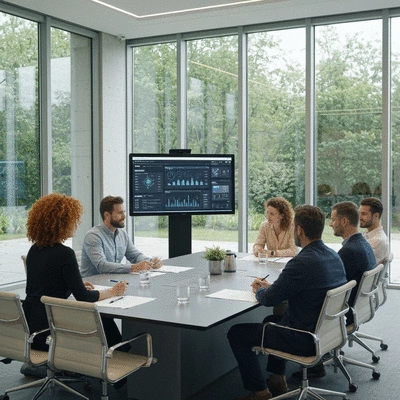 Modern conference room with diverse team discussing AI ethics, no text, no words, no typography, clean image