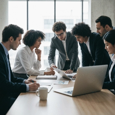 Startup team collaborating on ethical AI strategy in a modern, collaborative workspace