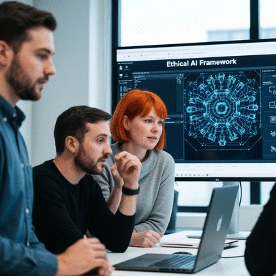 Diverse team of data scientists collaborating around a large screen displaying ethical AI framework and tools, no text, no words, no typography, clean image