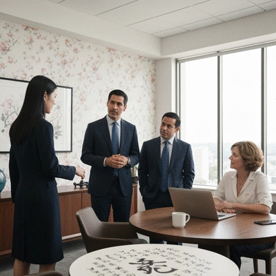 Diverse group of business professionals collaborating on AI strategy, with subtle Chinese cultural elements, no text, no words, no typography, 8K, clean image
