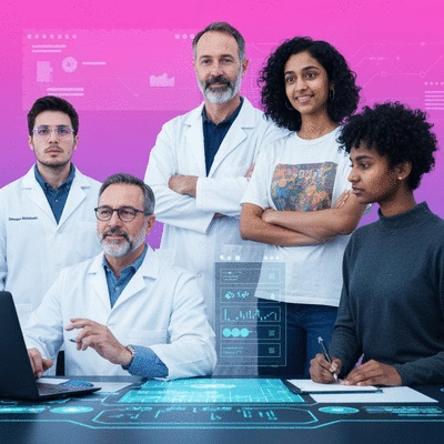 People from diverse fields collaborating on a digital interface, representing multidisciplinary perspectives in AI discussions