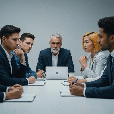 Diverse group of professionals engaged in a serious discussion about AI ethics, seated around a modern conference table, clean image, no text, no words, no typography, 8K