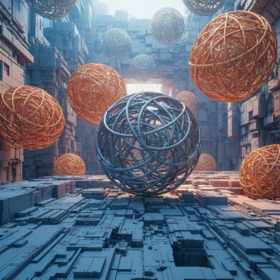 Abstract representation of AI models with intertwined open-source and proprietary elements