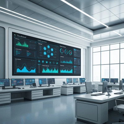 AI dashboard showing health data analytics, with charts and graphs, in a modern hospital setting, no text, no words, no typography, clean image