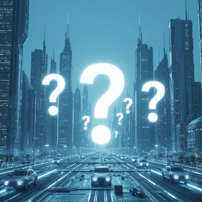 Abstract image representing ethical questions arising from rapid AI adoption, with glowing question marks over a futuristic city