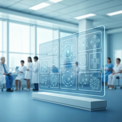 AI ethics principles displayed on a transparent screen in a futuristic hospital setting