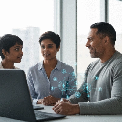 Diverse group of professionals collaborating on ethical AI development, with a digital overlay showing interconnected concepts of social harmony and individual rights, no text, no words, no typography, clean image