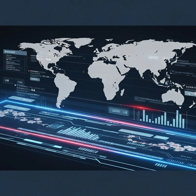 AI interface with subtle Chinese design elements, global map in background, no text, no words, no typography, 8K, clean image
